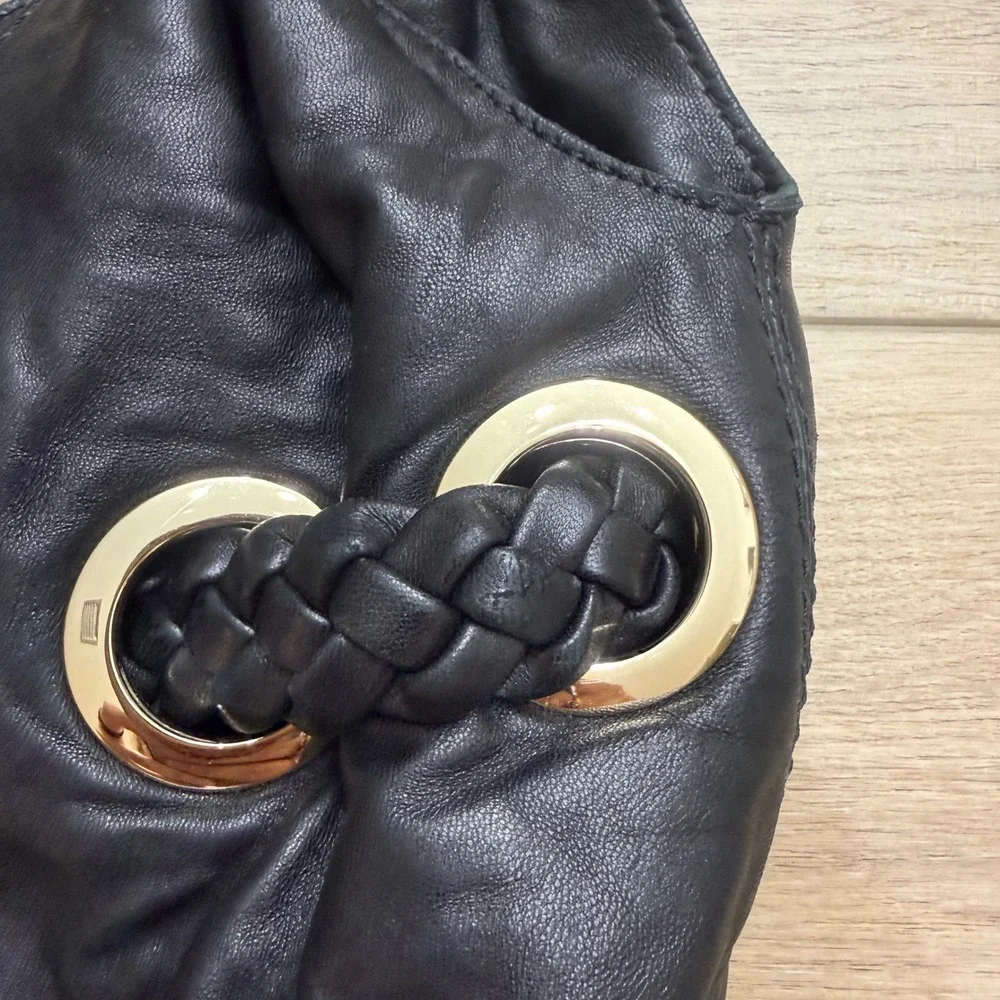 Michael Kors Black Leather Braided Hobo Shoulder Bag Gold Hardware Tassel Large